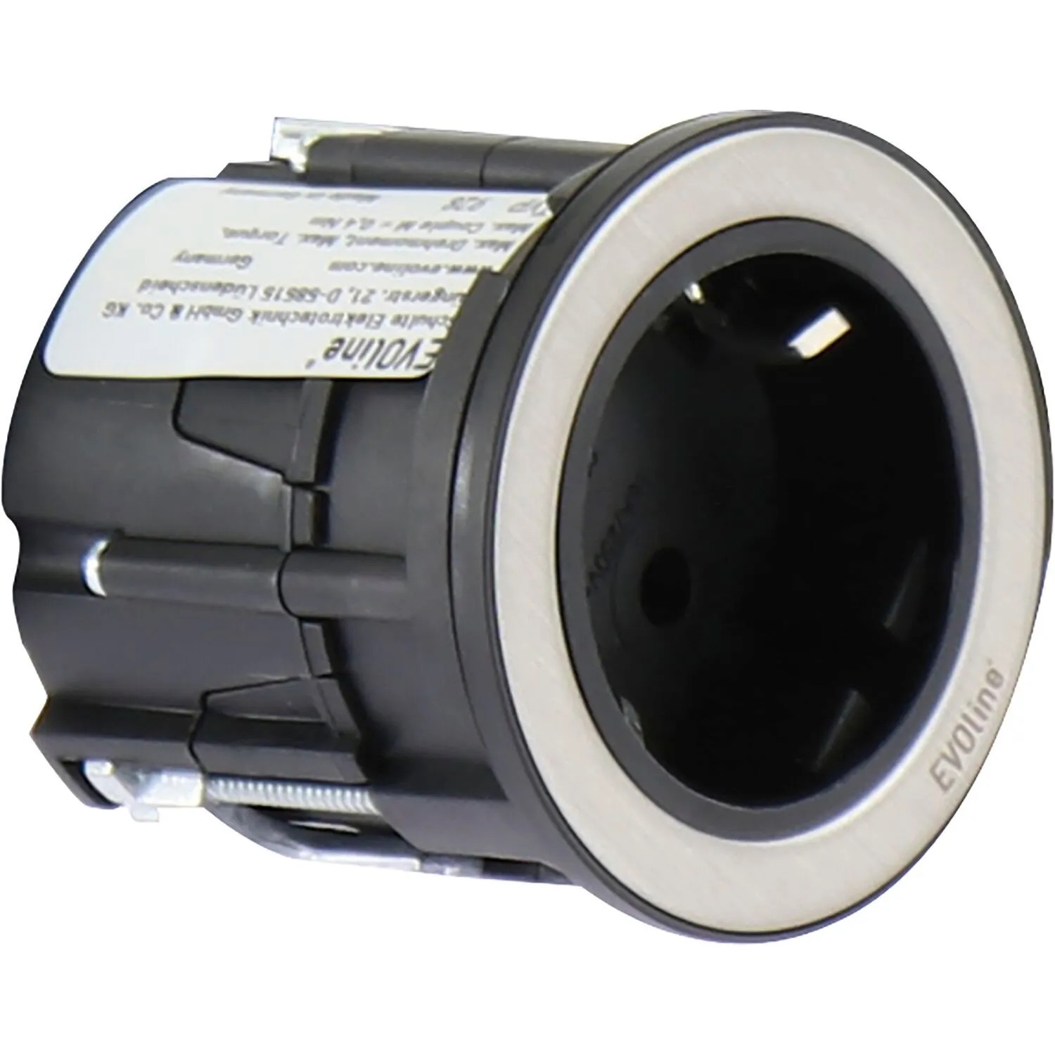 Evoline One Einbausteckdose mit Abdeckring ø 59 mm 230 V Edelstahl Schwarz