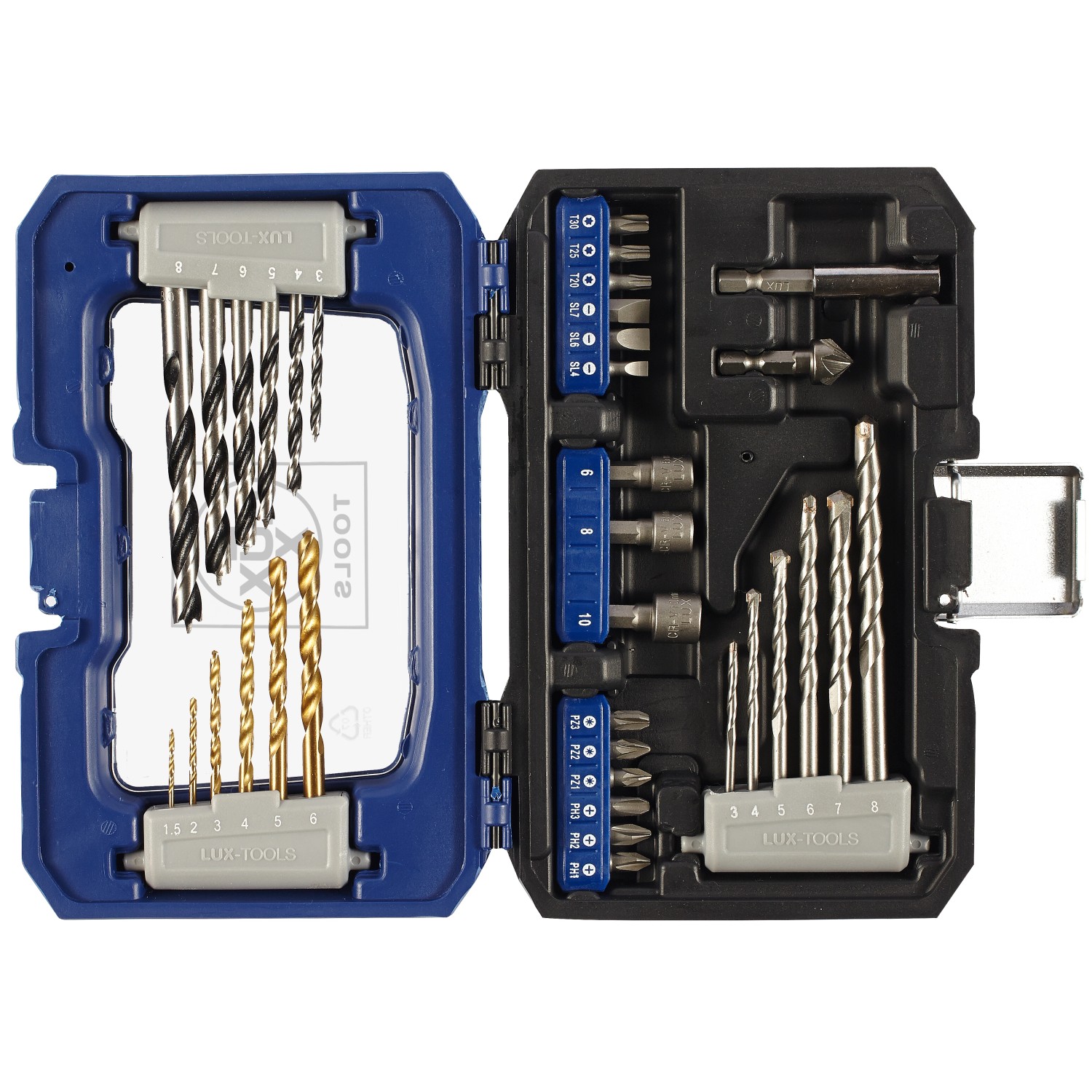 LUX Bohrer- und Bit-Set, 36-teilig, mit Bohrern für Holz, Stein, Metall und Bits in Aufbewahrungsbox.