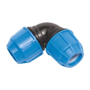 90-Grad-Winkelstück für 25 mm PE-Rohre, blau und schwarz, für Kaltwassersysteme.
