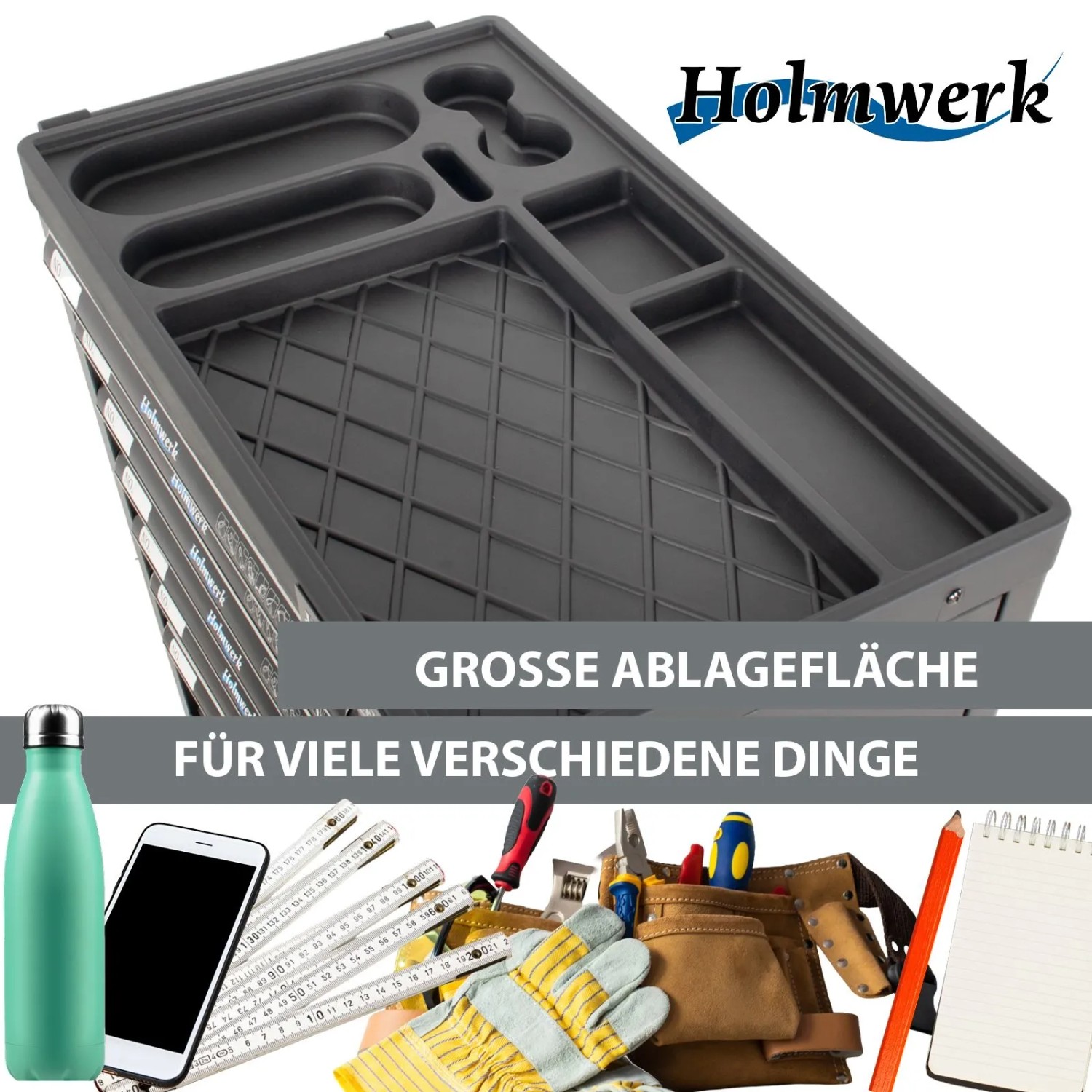 Holmwerk Werkstattwagen ROCKX mit 7 Schubladen, unbestückt, Ablagefläche mit Werkzeug.