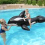 Kind auf Bestway Jumbo Wal Schwimmtier im Pool, begleitet von Erwachsenem. Aufblasbarer Wal in Schwarz-Weiß.