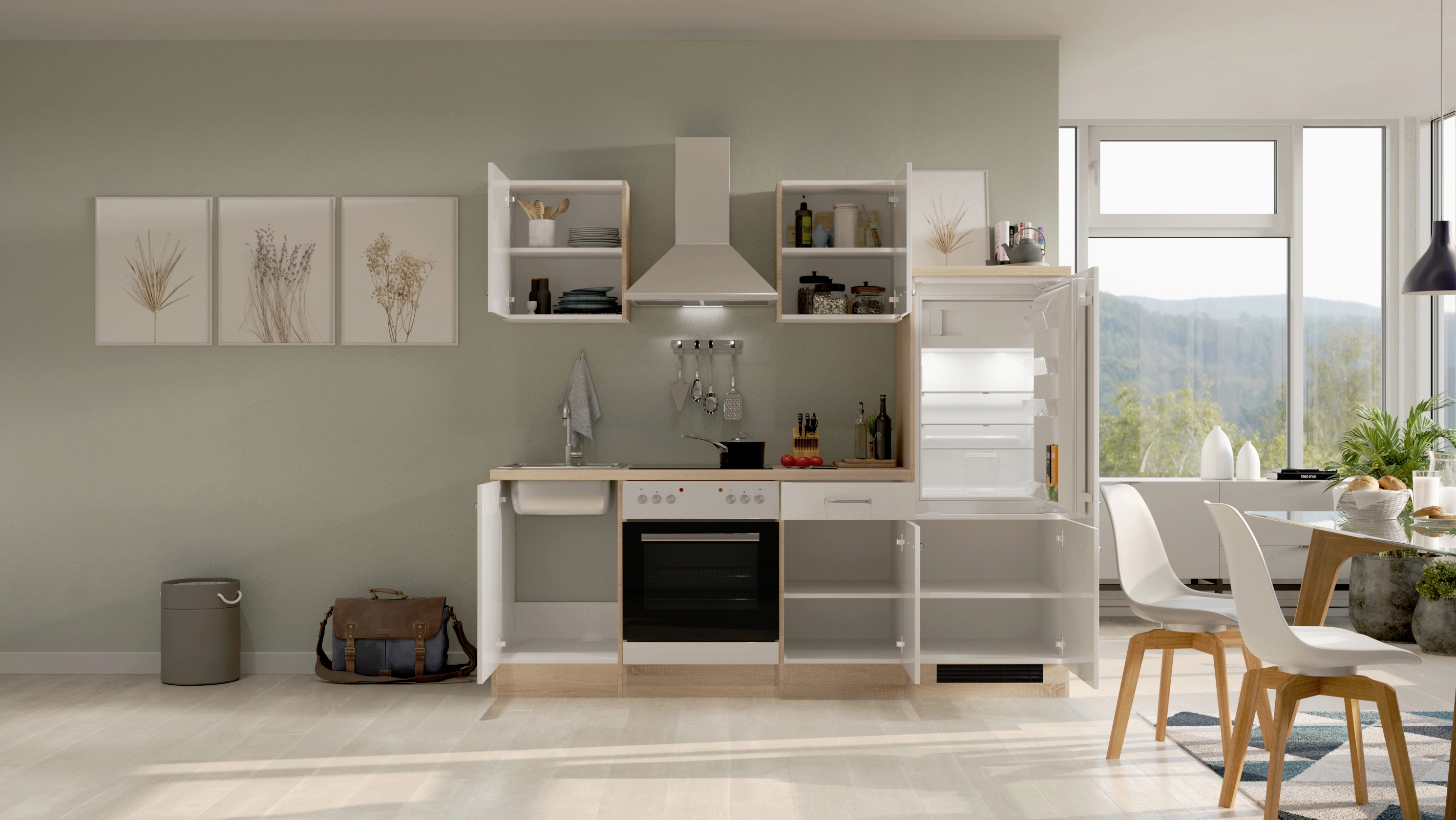 Flex-Well Exclusiv OBI Sonoma Küchenzeile Eiche kaufen Weiß Hochglanz 220 Valero cm - bei