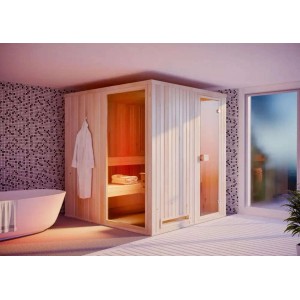 Finntherm Sauna Miranda aus Fichte, naturbelassen, mit Glastür und Saunaliegen.