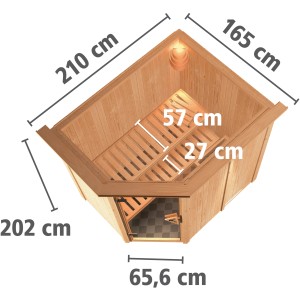Karibu Sauna Silva mit Ofen, Aufsicht mit Maßen. Massivholzsauna mit Bänken und graphitfarbener Tür.