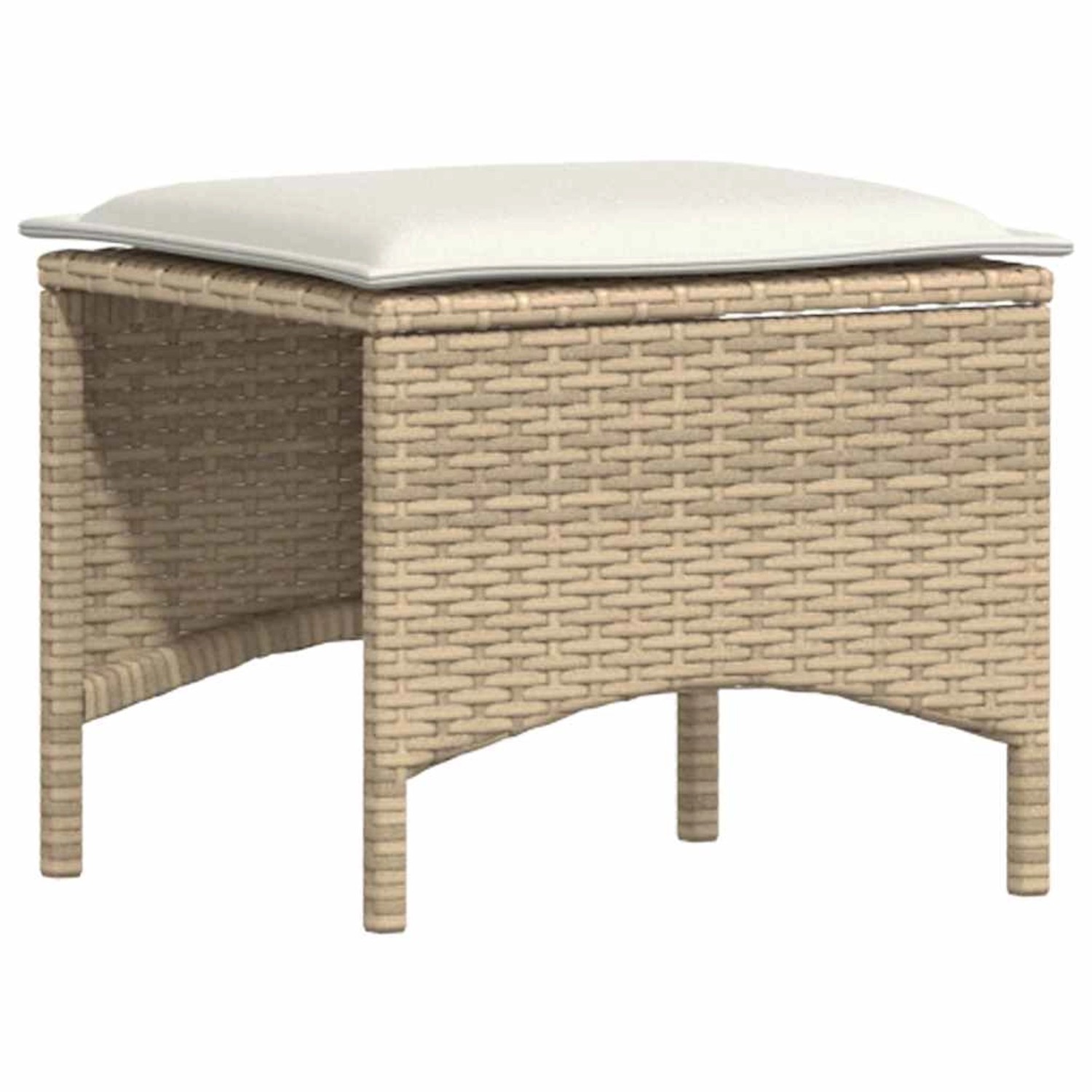 Beiger Poly Rattan Gartenhocker mit cremefarbenem Kissen, Teil einer Sofagarnitur.