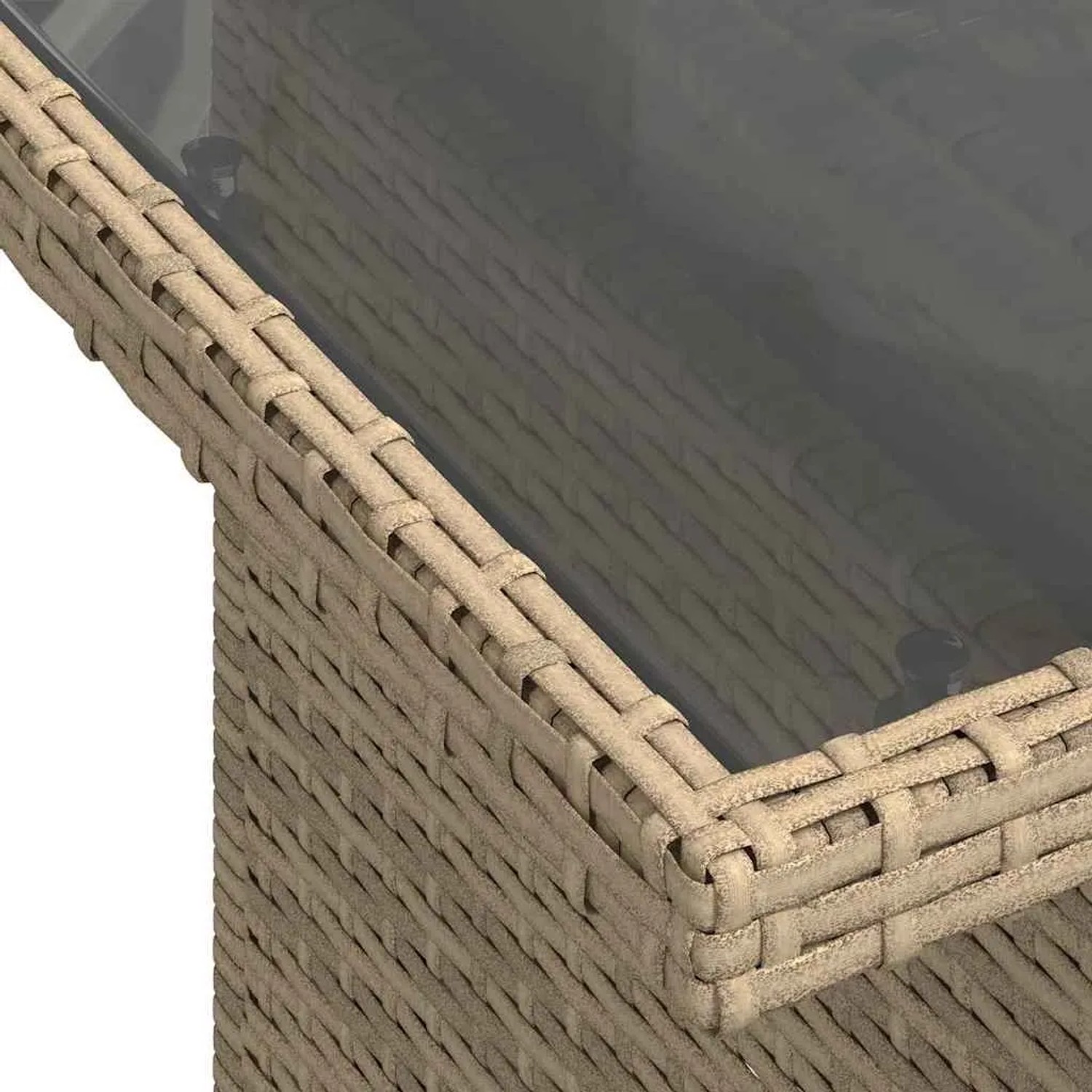 Detailansicht: Beige-hellgraues Gartenmöbel-Set aus Polyrattan mit Tischplatte.