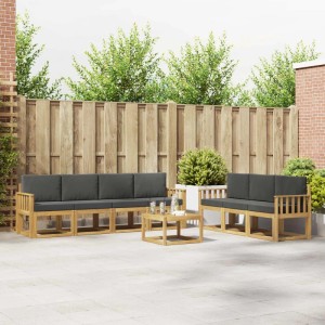 vidaXL Outdoor-Sofagarnitur aus Akazienholz mit dunkelgrauen Kissen auf Terrasse. 7-teiliges Gartenmöbel-Set.