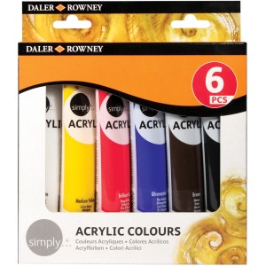 Daler-Rowney Acrylfarben Set mit 6 Tuben (75ml) in Weiß, Gelb, Rot, Blau, Braun und Schwarz.