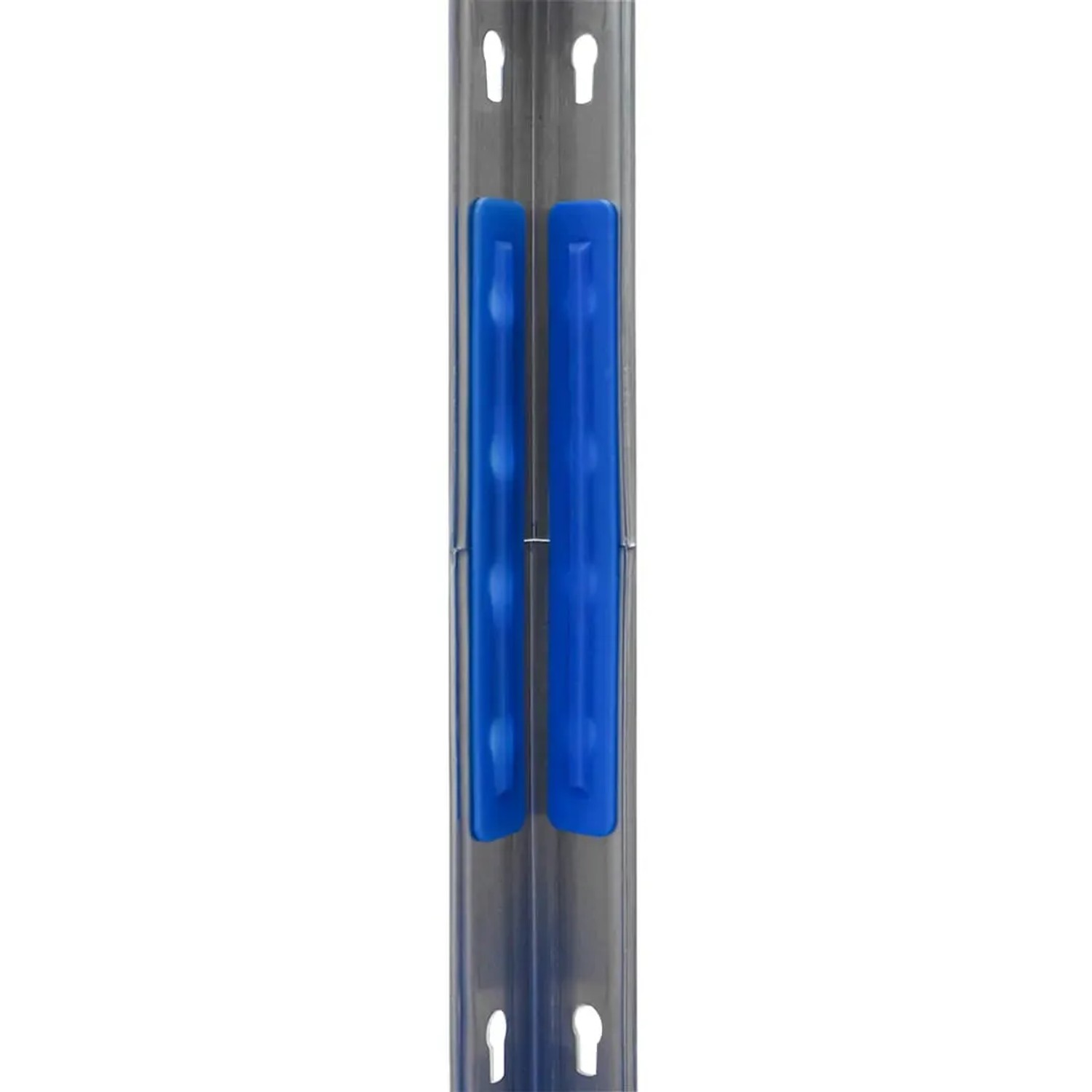 Detailaufnahme: Ar Shelving Gastronorm Lebensmittelregal, Aluminiumprofil mit blauen Halterungen.