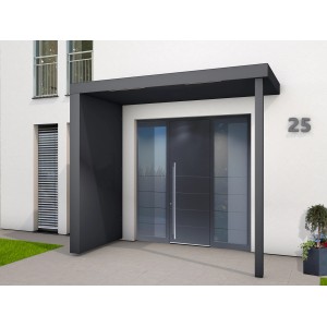 Modernes Gutta Rechteckvordach BS PLUS in Anthrazit mit Pfosten und Seitenwand links.