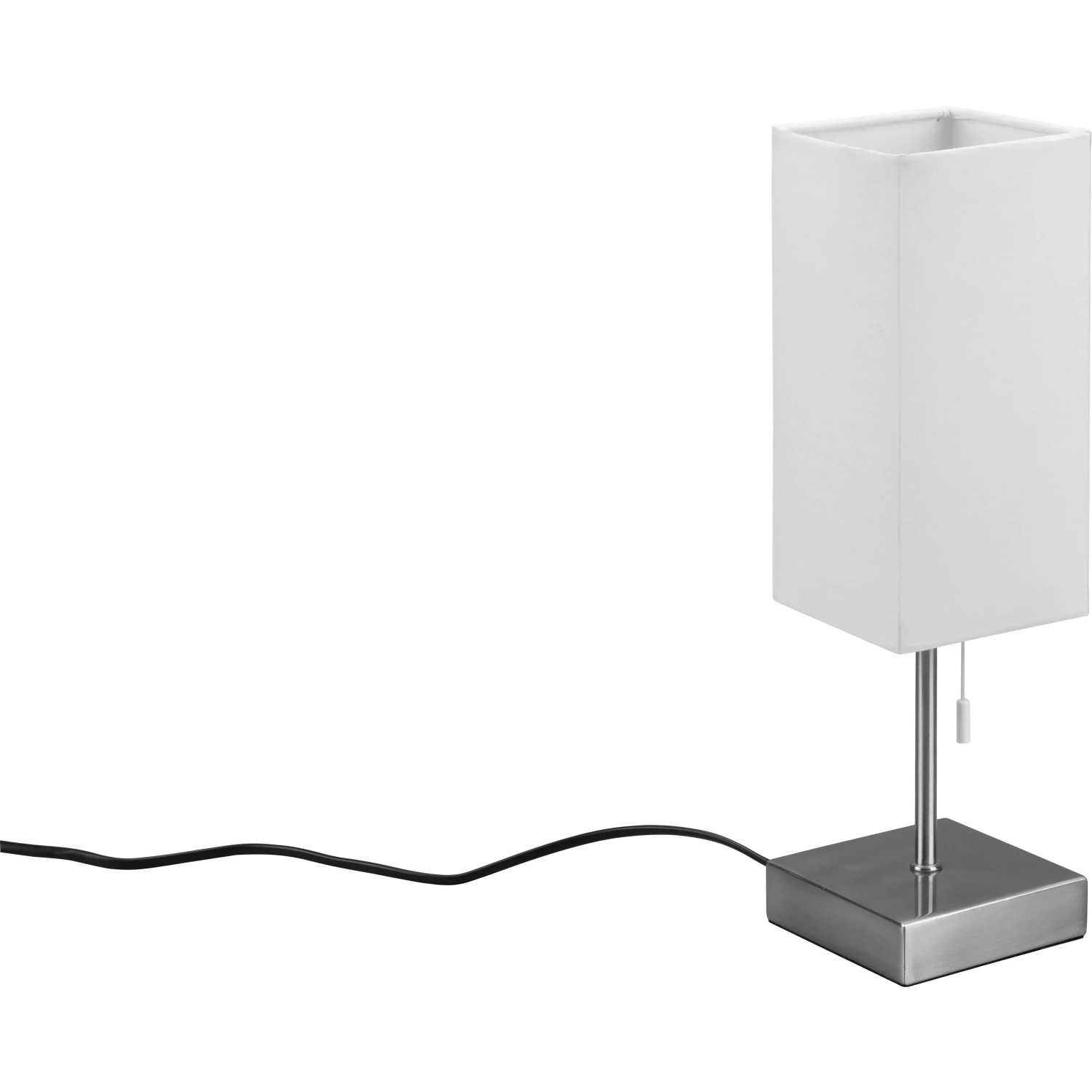Moderne Tischleuchte Ole in Nickel matt mit weißem Stoffschirm. Design-Tischlampe mit Zugschalter.