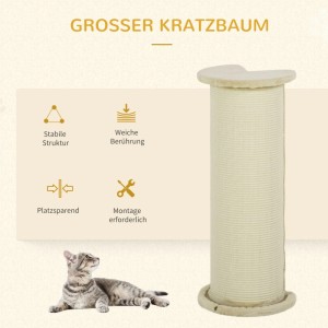 PawHut Kratzbaum 85 cm mit beigem Sisalseil und weicher Basis. Katze liegt daneben. Stabil, platzsparend, Kratzschutz.