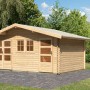 Unbehandeltes Karibu Holz-Gartenhaus mit Satteldach, 492x312 cm. Naturholz mit Fenster und Doppeltür.