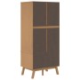 Brauner vidaXL Kleiderschrank OLDEN aus Kiefer Massivholz mit dunklen Türen, Schubladen und dekorativen Holzleisten.