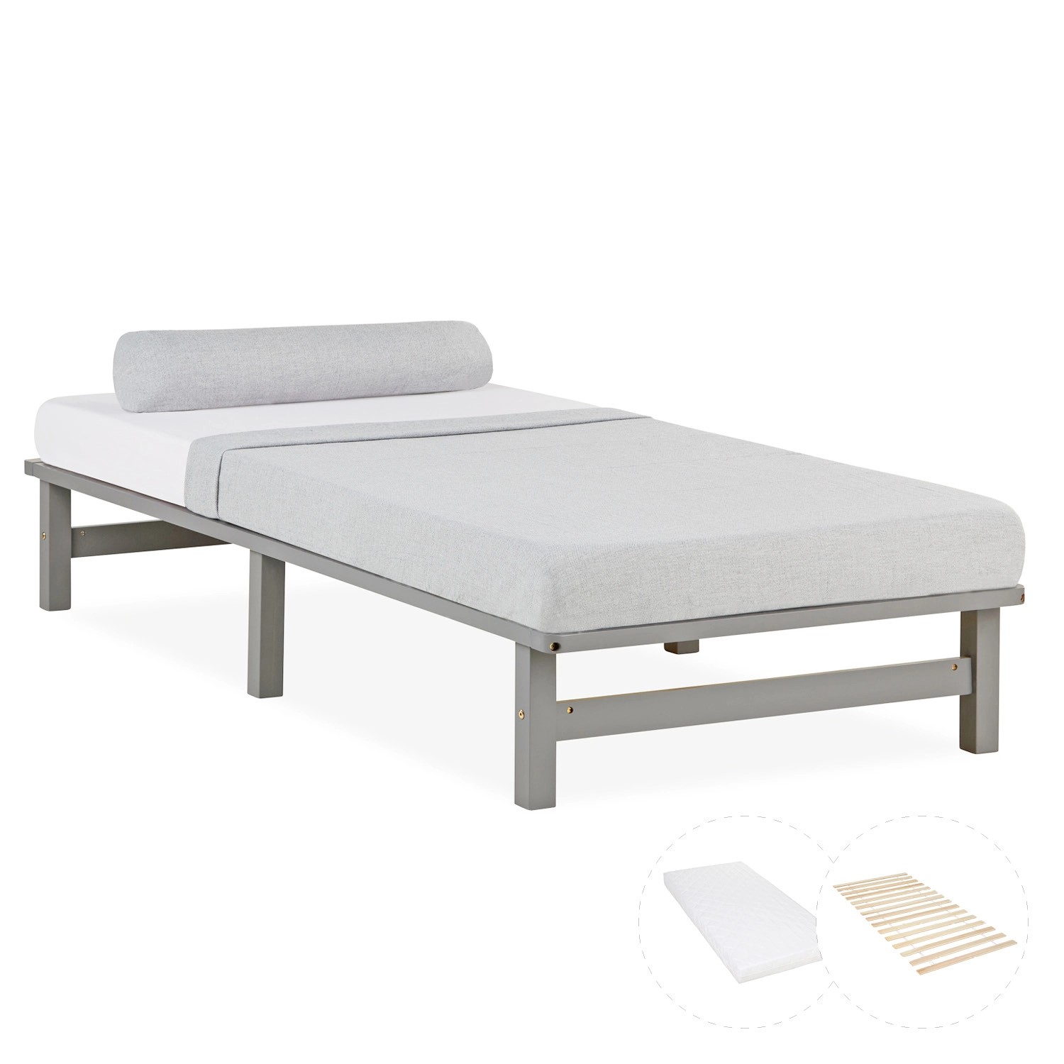 Homestyle4u Holzbett Palettenbett 90x200 mit Matratze Grau Bett 2049