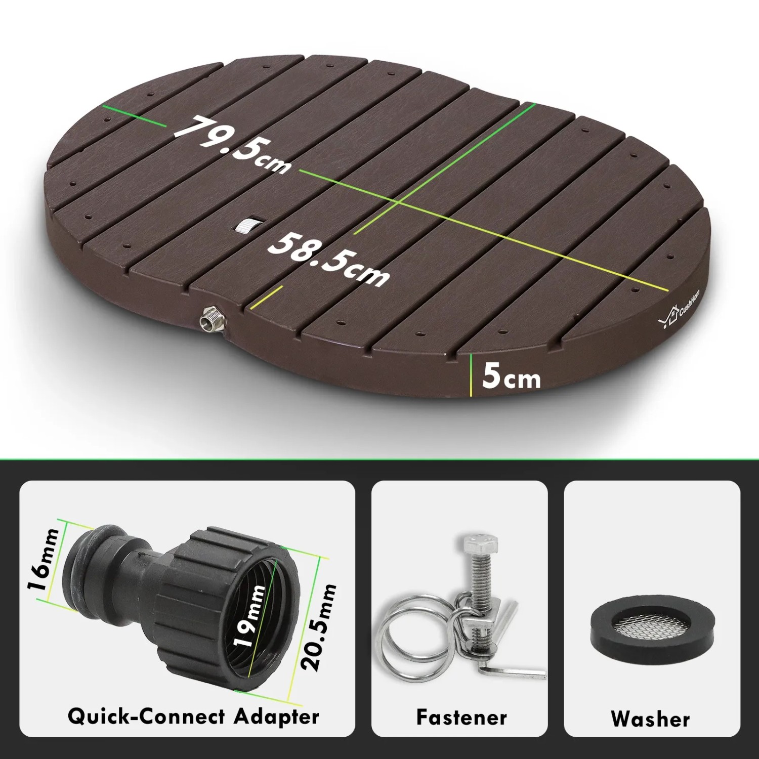 CCLIFE Gartendusche Bodendusche, braun, mit Maßen und Details zu Anschluss, Befestigung und Dichtung.