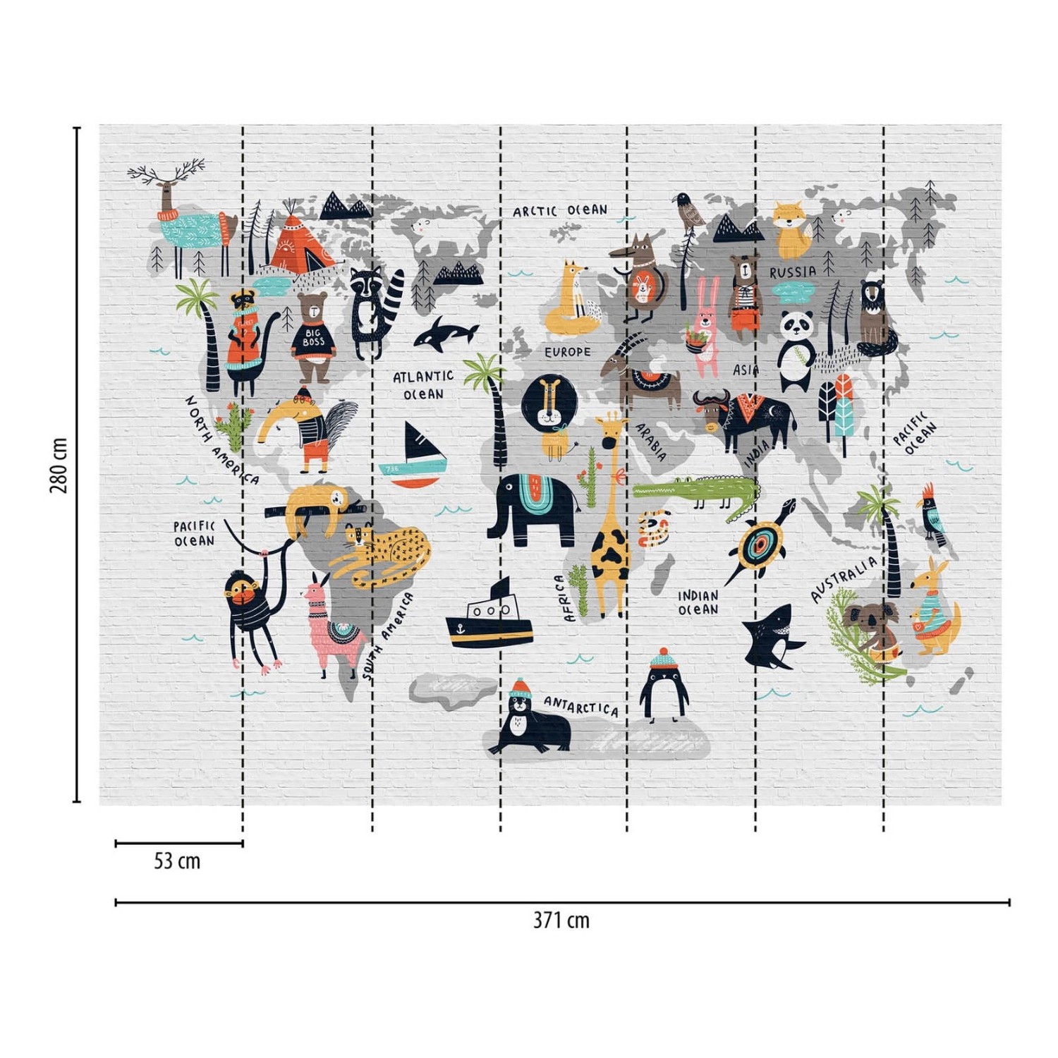 Bunte Kindertapete mit Weltkarte, Tieren und Steinoptik für Kinderzimmer.