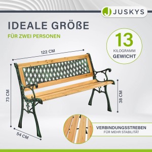 Juskys 2-Sitzer Gartenbank Pisa aus Holz und Gusseisen mit Rautenmuster in der Lehne.