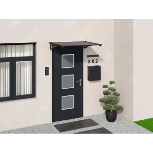 Schwarzes Vente-unique Türvordach Kepler aus Aluminium, 150 cm breit, geneigt über einer Haustür.