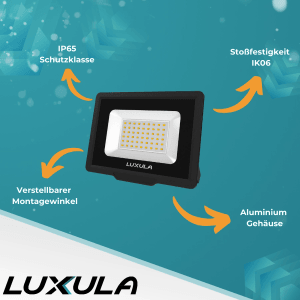 LUXULA LED Fluter 100W, warmweiß, schwarzes Aluminiumgehäuse mit verstellbarem Montagewinkel.
