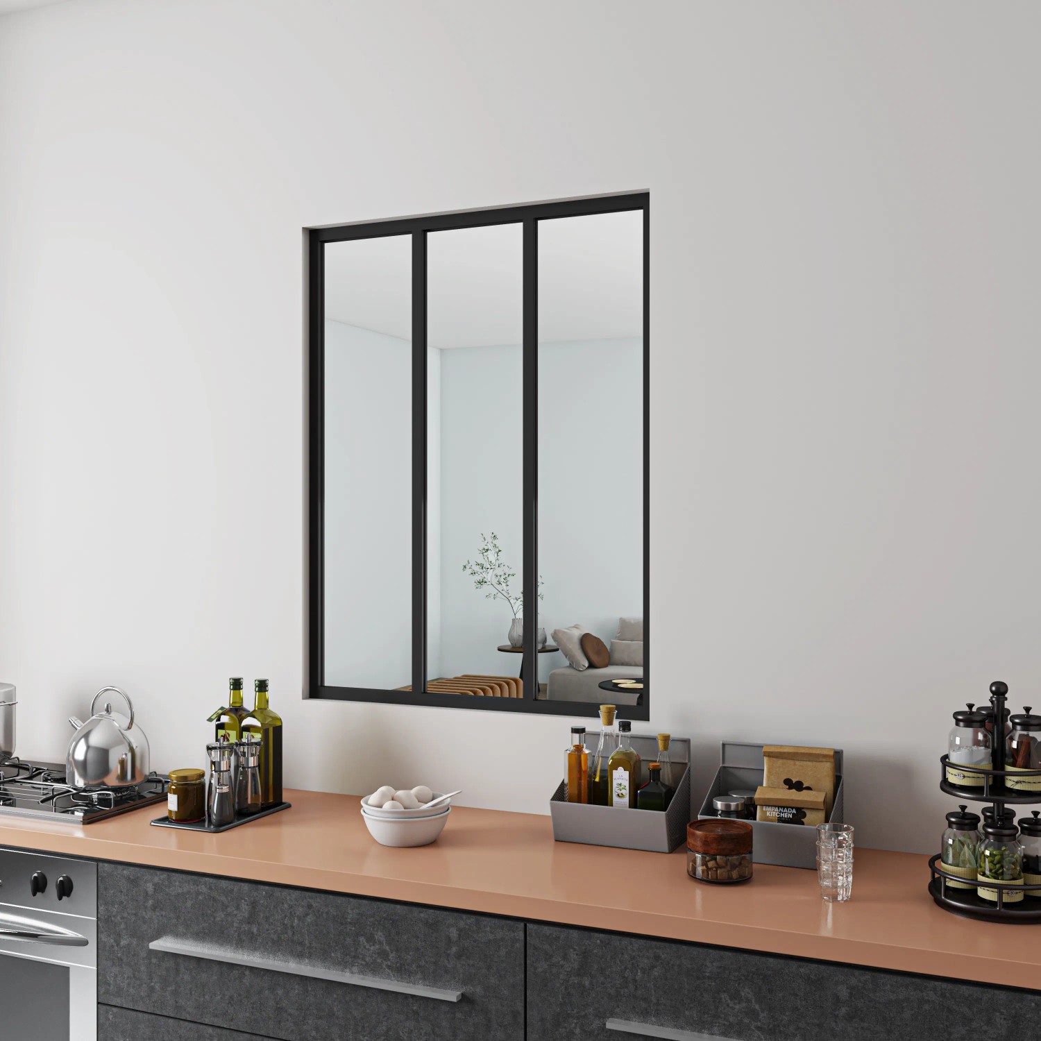 Schwarzes AICA Loftstil Innenfenster Ecklösung, 93x108cm, als Raumteiler in der Küche.