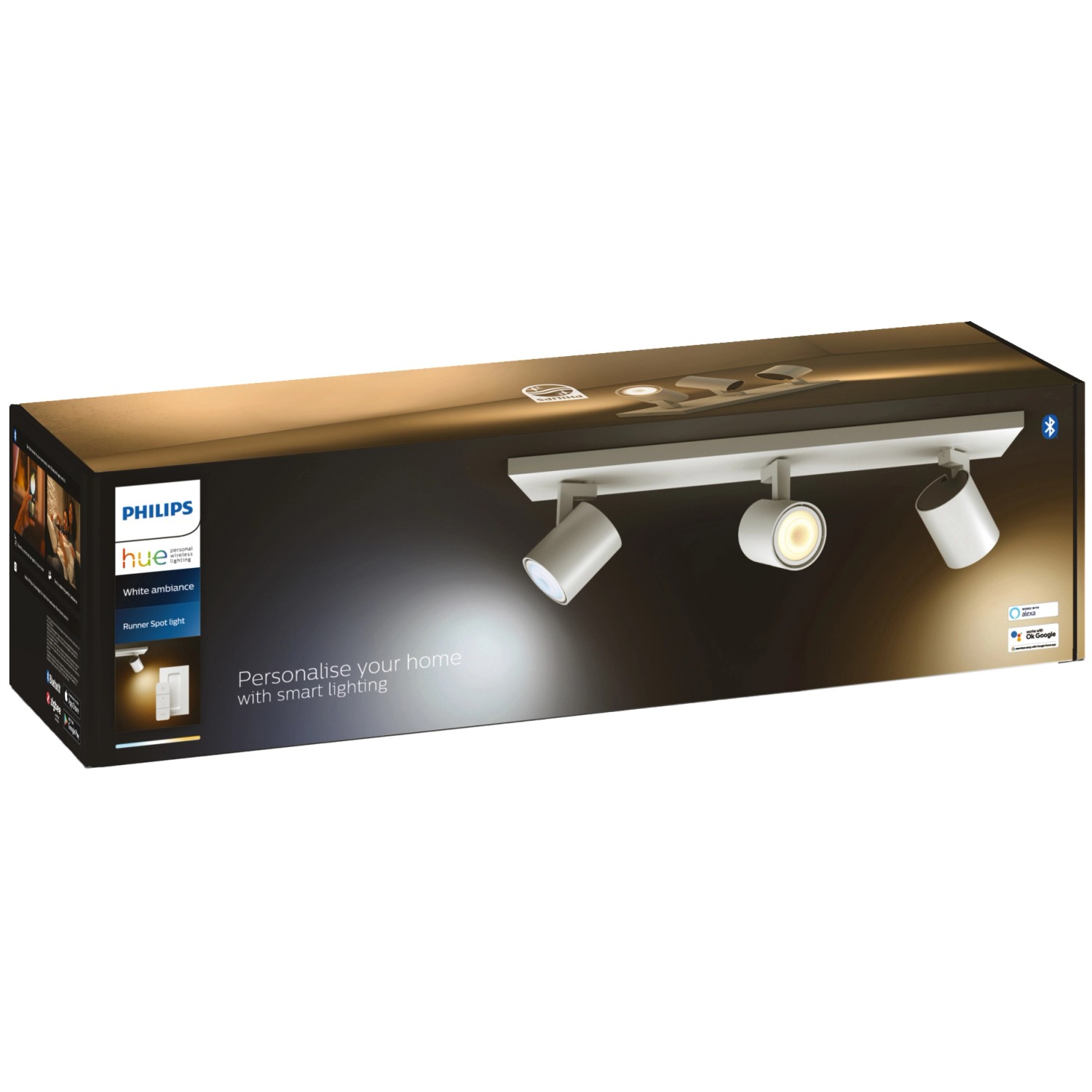 Verpackung der Philips Hue LED Deckenleuchte Runner, 3-flammig, weiß, mit Dimmer.
