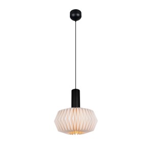 Moderne schwarze Pendelleuchte Larima mit gefaltetem weißen Papierschirm für warmes Licht.