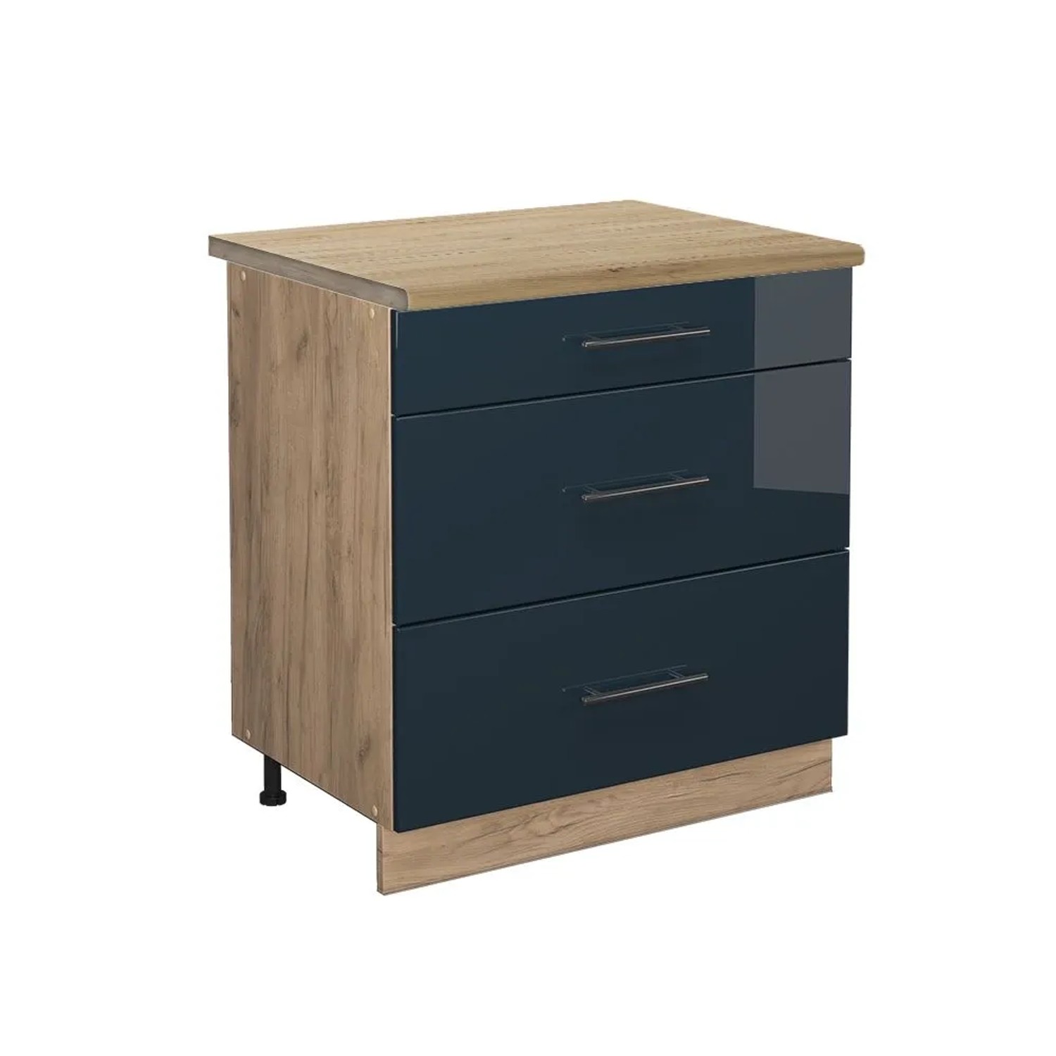 Vicco Küchenunterschrank Fame-Line DunkelBlau Hochglanz Goldkraft Eiche 80 cm mit 3 Schubladen AP Eiche