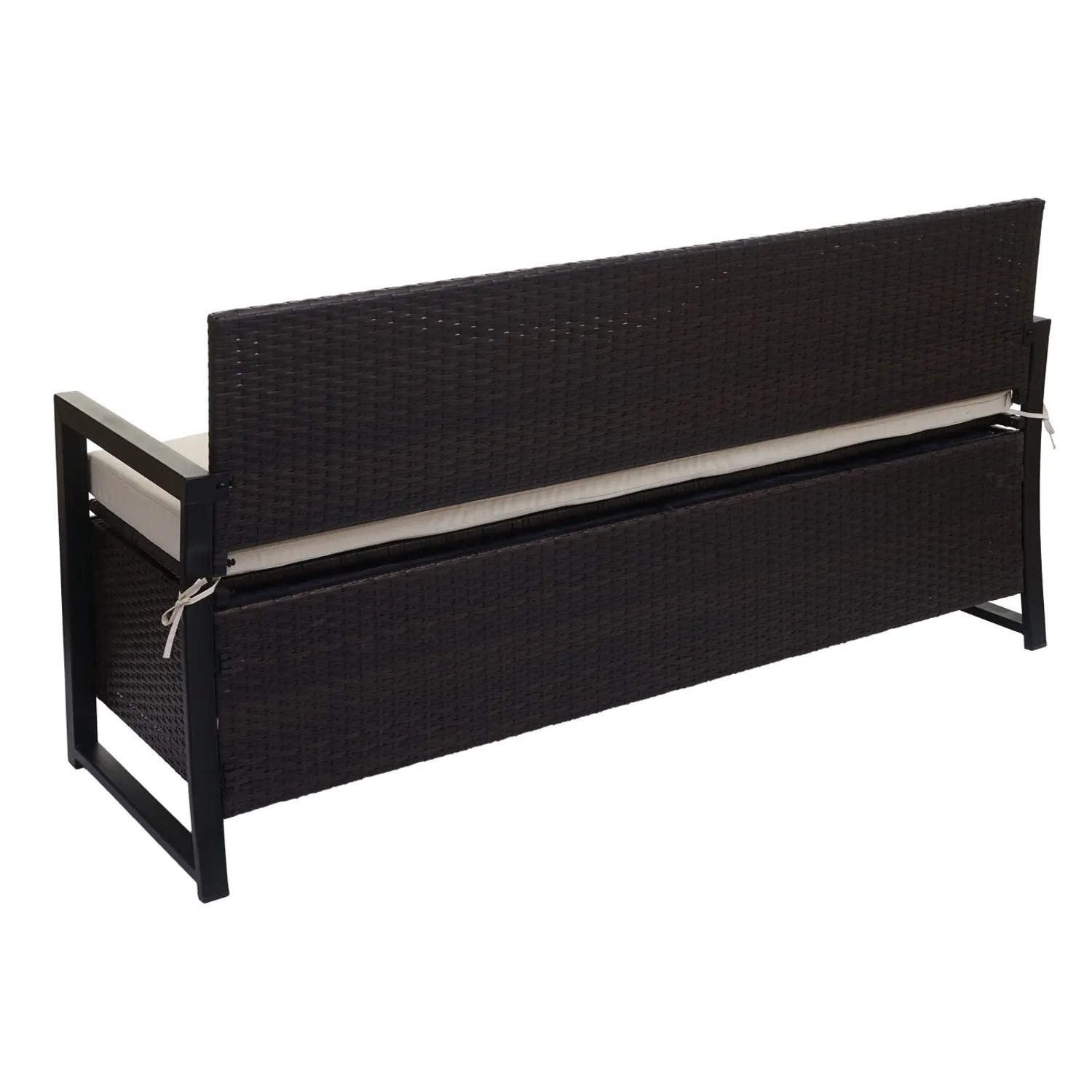 MCW Poly-Rattan Gartenbank, 3-Sitzer, braun mit creme Kissen, Rückansicht.