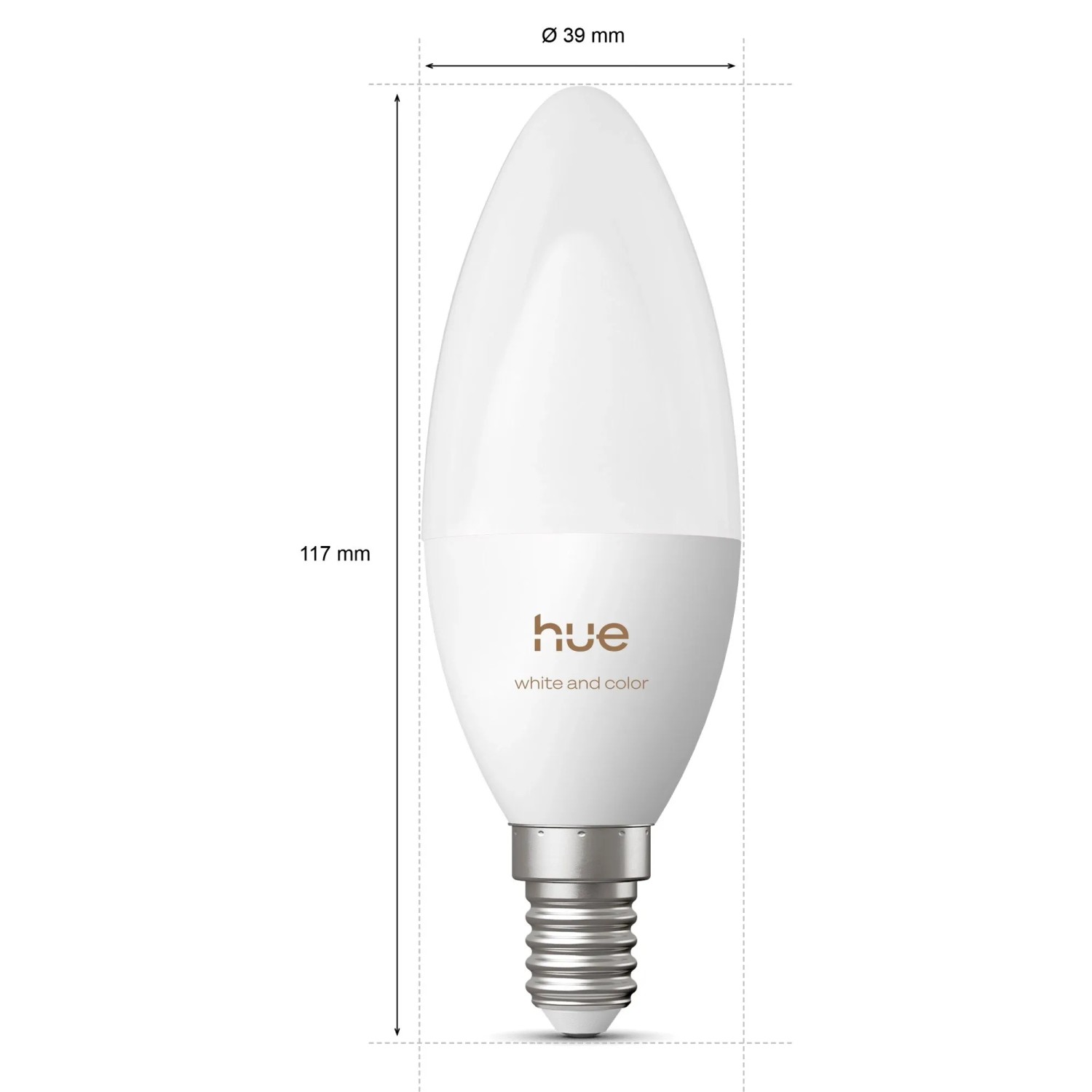 Weißes Philips Hue E14 LED-Leuchtmittel in Kerzenform, smart steuerbar, 117x39mm.