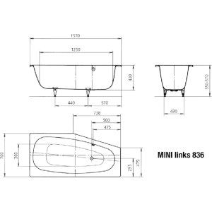 Technische Zeichnung Kaldewei Raumsparwanne Mini 157 cm links, Maße und Ansichten.