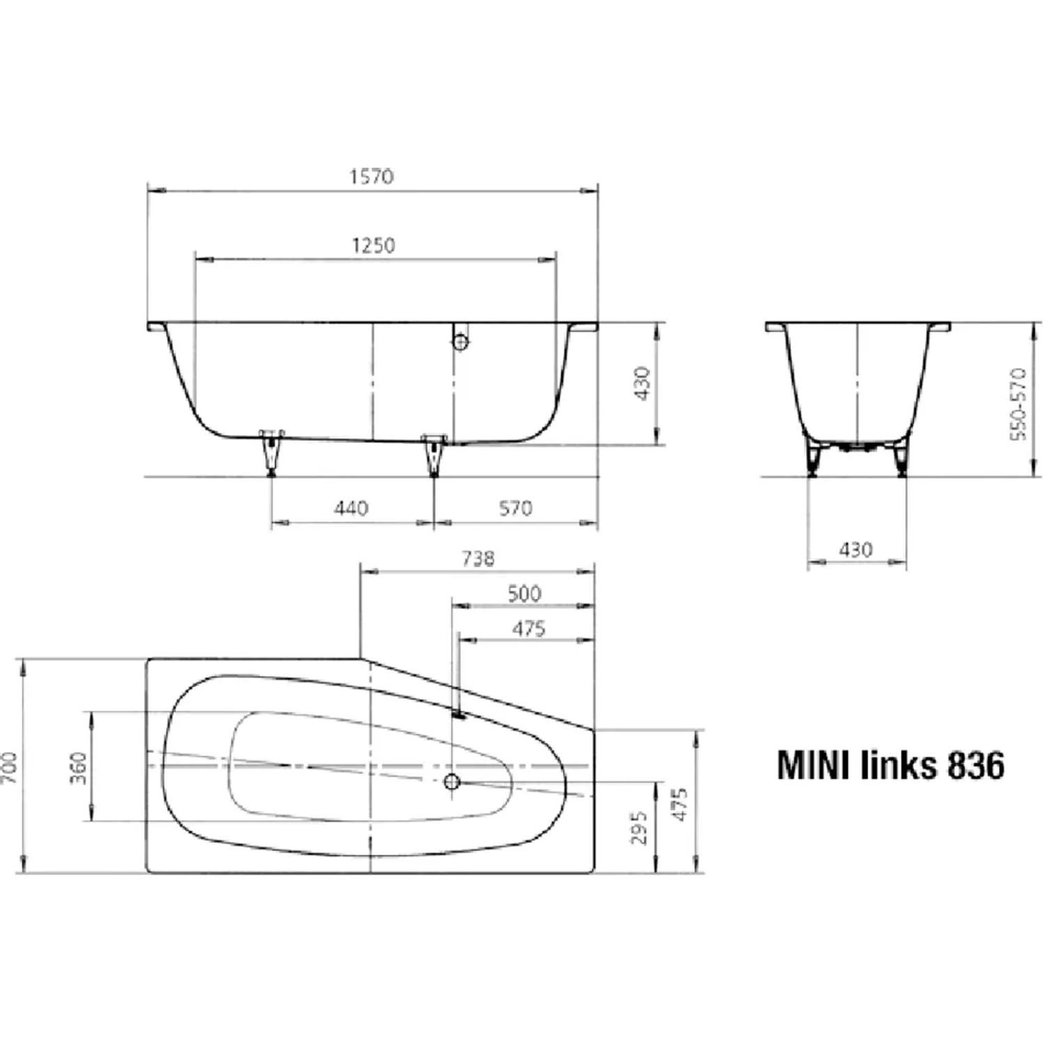 Technische Zeichnung Kaldewei Raumsparwanne Mini 157 cm links, Maße und Ansichten.