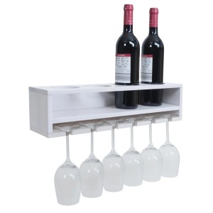 Weißes MCW Weinregal mit 2 Flaschen und 6 Gläsern an der Wand.