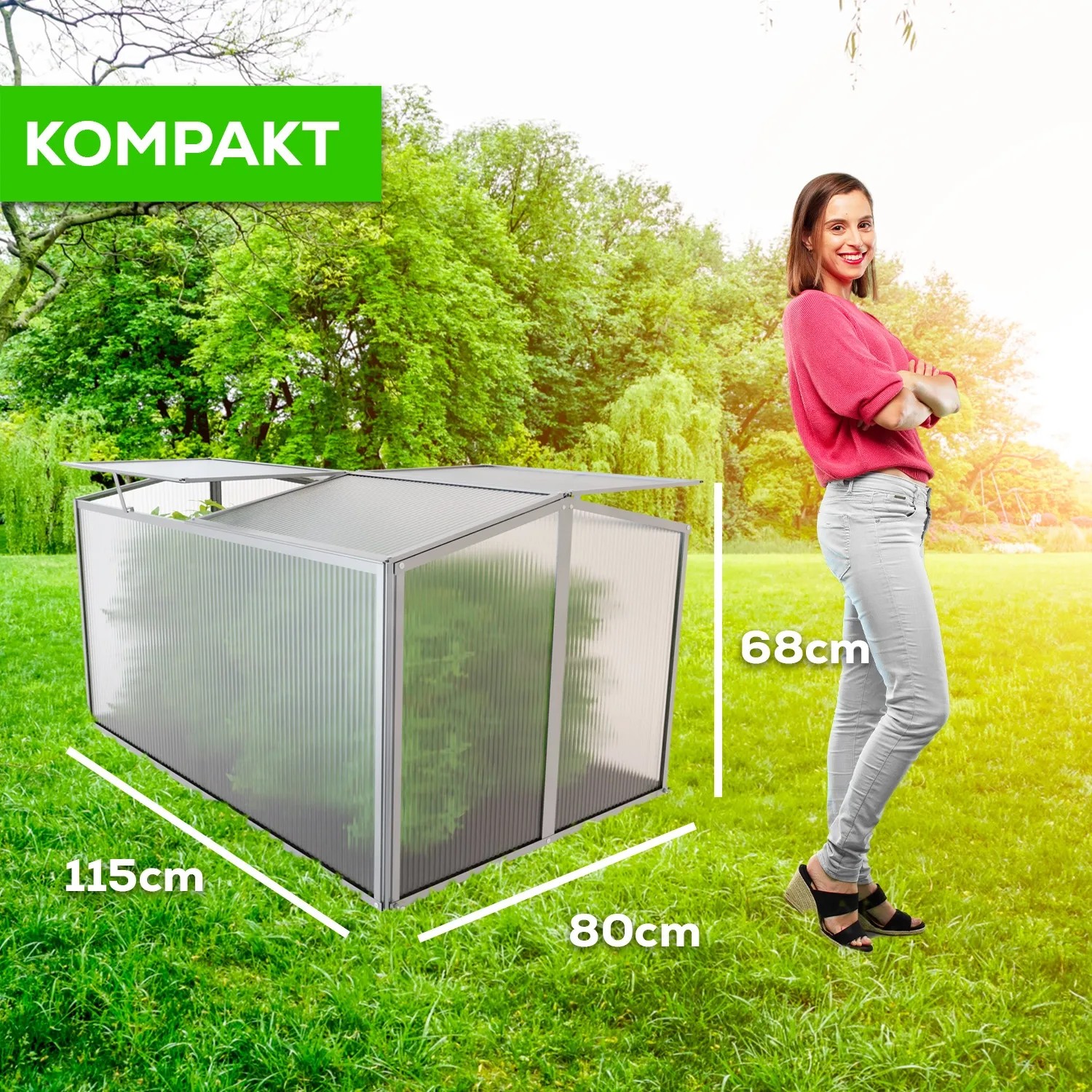 Garmio Mini-Gewächshaus Protea mit Dachfenster, Alu-Rahmen und transparenten Wänden.