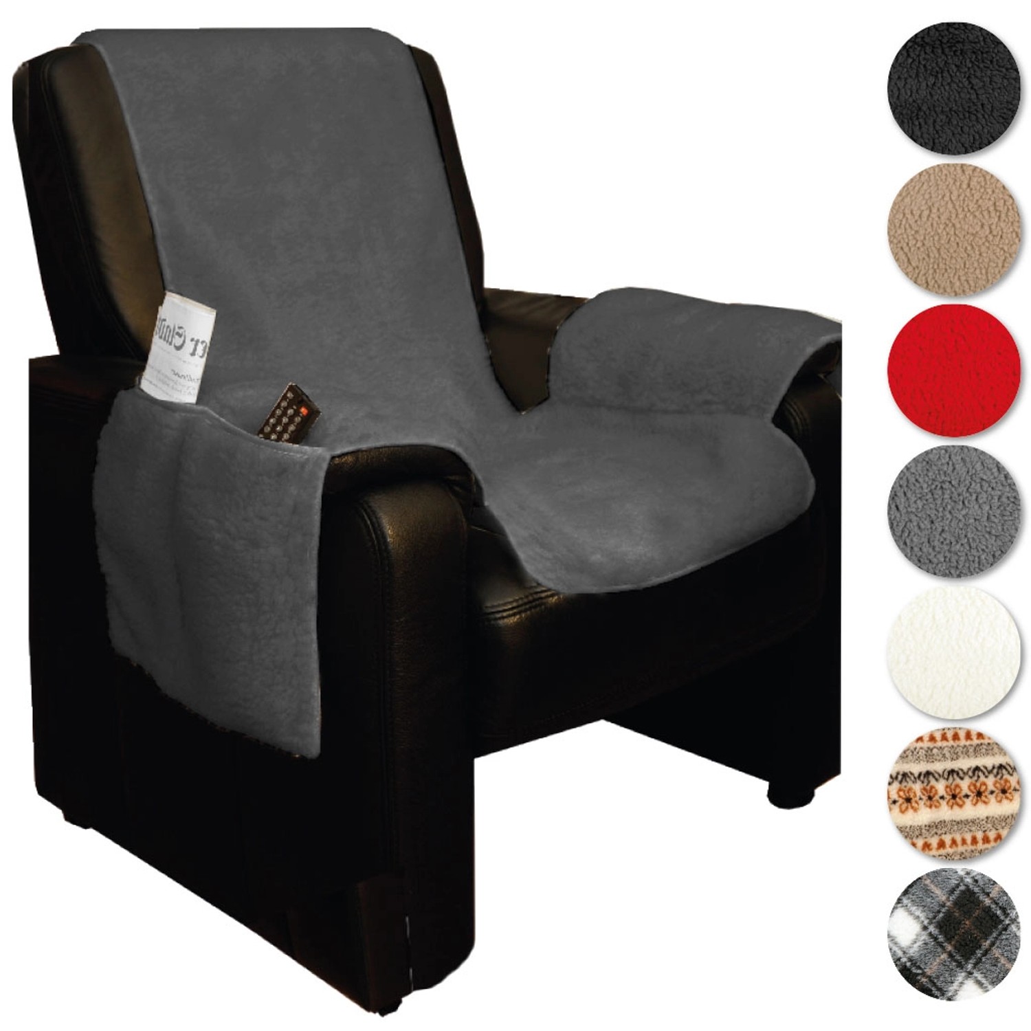 Dunkelgrauer Bestlivings Sesselschoner Lammflor 147x147 cm auf Sessel, mit Seitentasche.