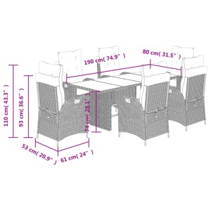 Graue 7-tlg. Garten Essgruppe aus Polyrattan mit Kissen. Gartenmöbel Set mit Tisch und Stühlen.