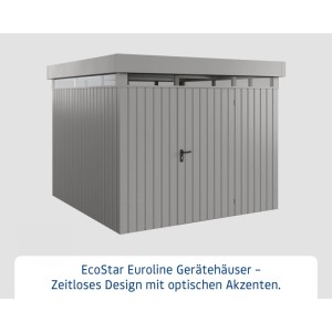 Graues EcoStar Gerätehaus Euroline mit Flachdach und Lichtband, 277x277 cm.