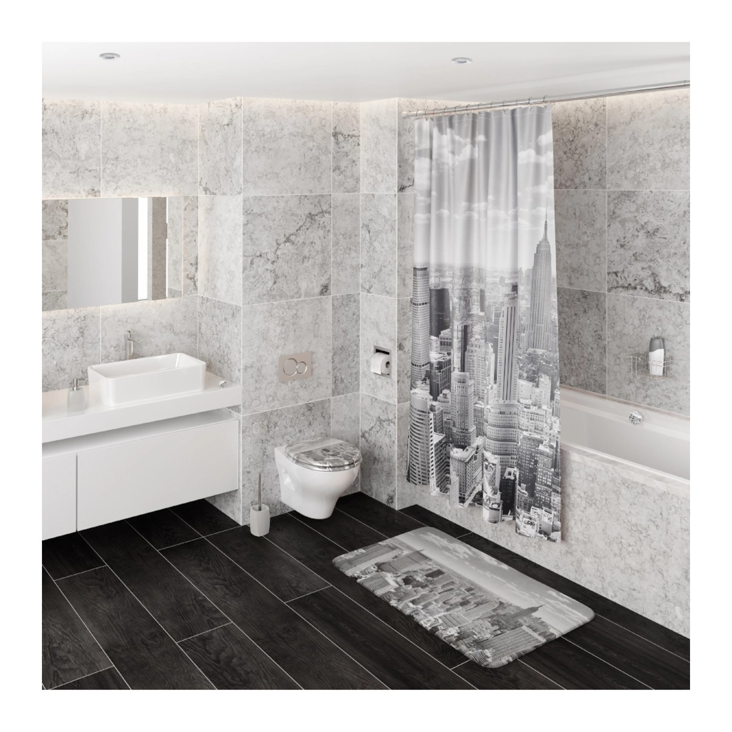 Bad mit Sanilo Badewannenstöpsel Skyline New York und passender Duschvorhang und Badematte.