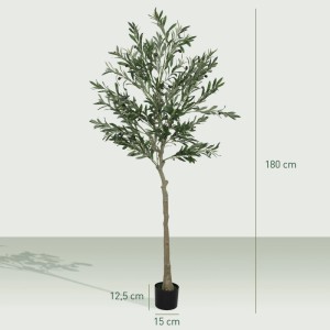 Realistischer künstlicher Olivenbaum 180 cm hoch im schwarzen Topf mit grünen Blättern und Oliven.