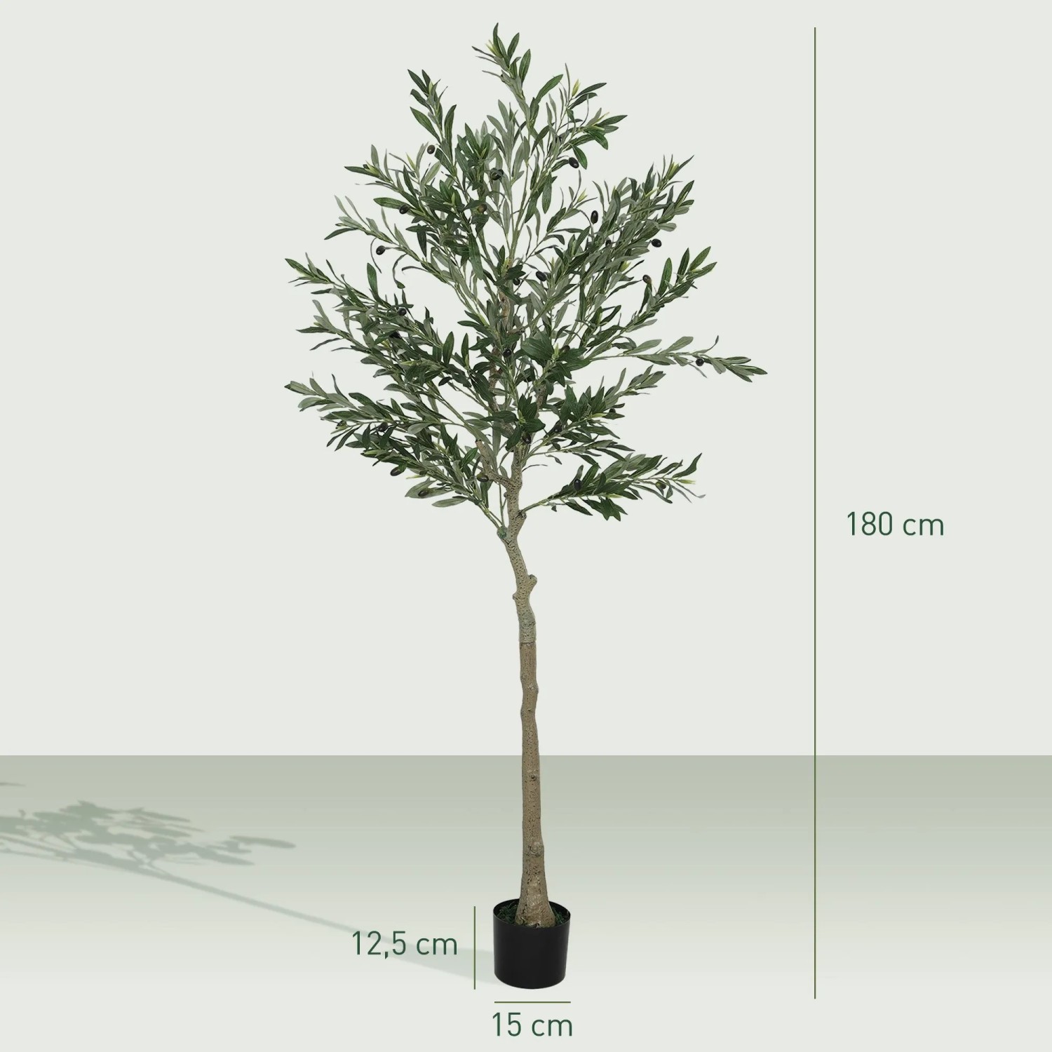 Realistischer künstlicher Olivenbaum 180 cm hoch im schwarzen Topf mit grünen Blättern und Oliven.
