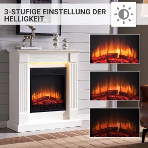Weißer BALDERIA Elektrokamin mit 3D-Flammeneffekt und Helligkeitseinstellungen.