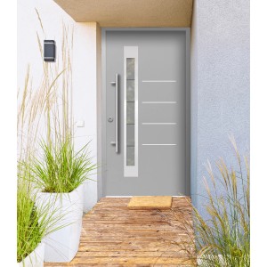 Graue Splendoor Sicherheits-Haustür Berlin Prime RC2 mit Edelstahlgriff und Glaseinsatz.