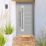 Graue Splendoor Sicherheits-Haustür Berlin Prime RC2 mit Edelstahlgriff und Glaseinsatz.