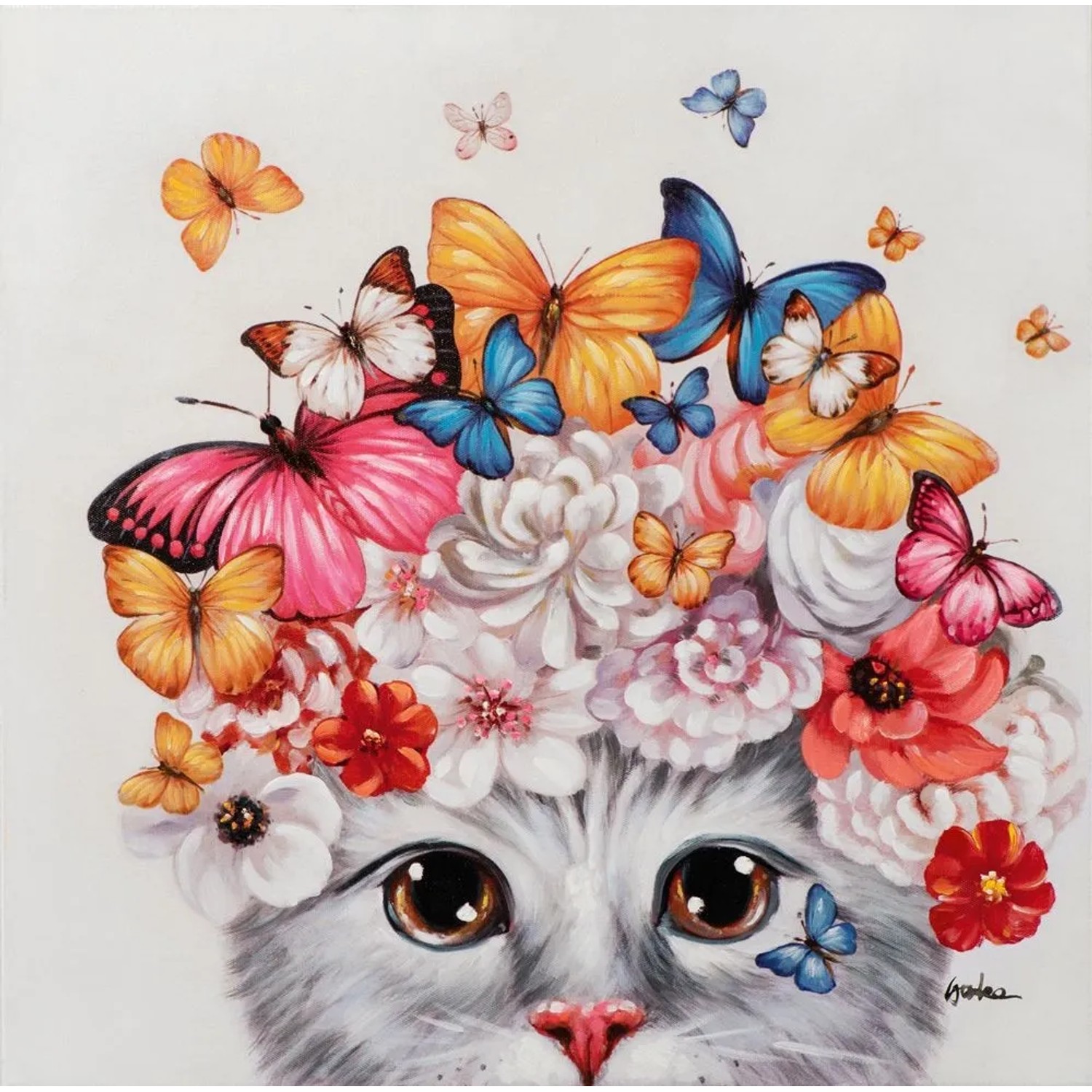 Art Universe Leinwandbild Kätzchen mit Blumen und Schmetterlingen 70 x 70 cm