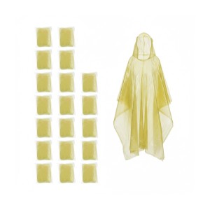 Gelbes 20er Set Einweg-Regenponchos aus Polyethylen. Ein Poncho entfaltet mit Kapuze, die anderen verpackt. Ideal für Camping.
