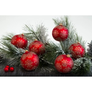 Weihnachtskugeln, 6 rote Glaskugeln (8cm) mit Schneeflockenmuster von Krebs Glas Lauscha.