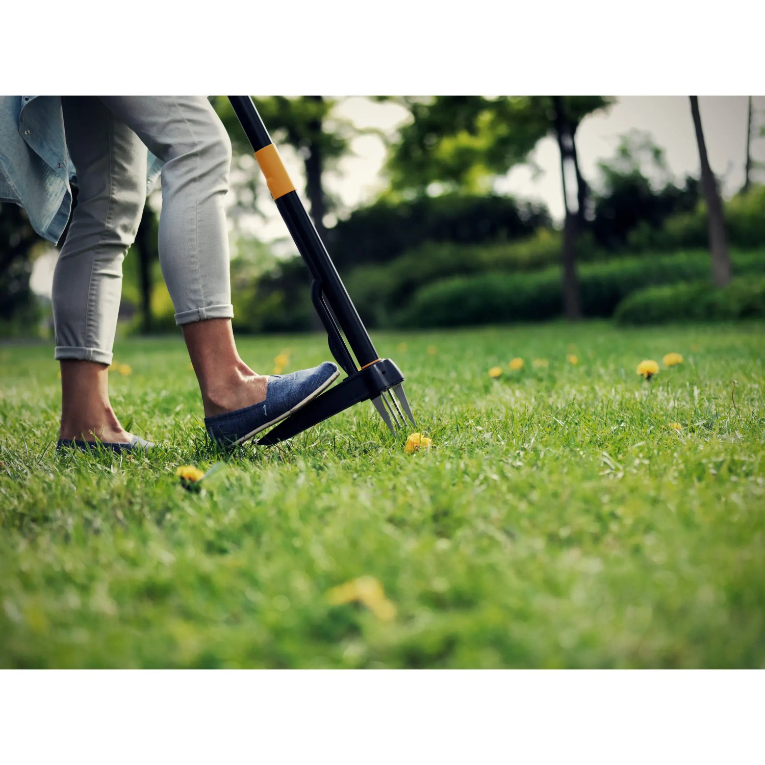 Fiskars Unkrautstecher Xact im Einsatz: Unkrautentfernung im Garten mit Teleskopstiel für rückenschonendes Arbeiten.