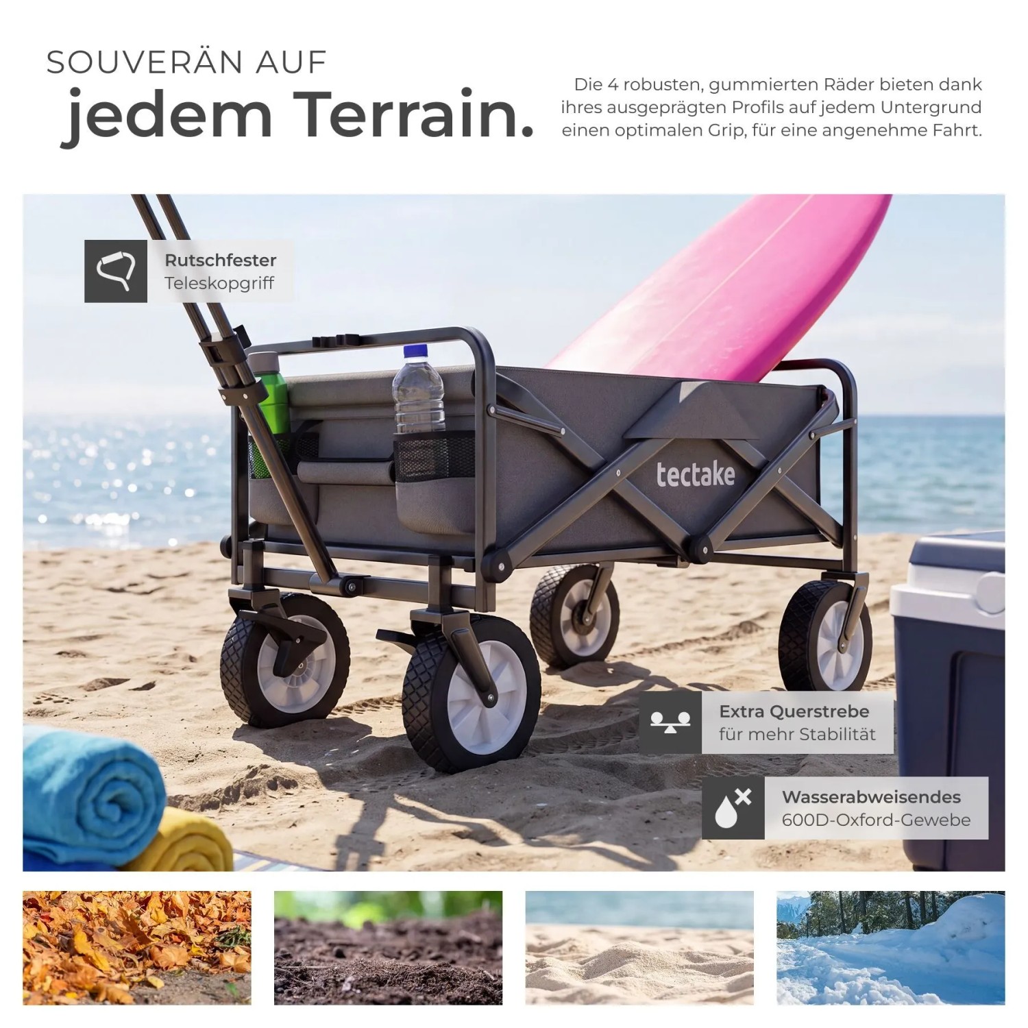 Tectake Bollerwagen Leon Faltbar Mit Bremsen und Gummierten Kunststoffrädern  91 x 53 50 x 101 cm Grau_7