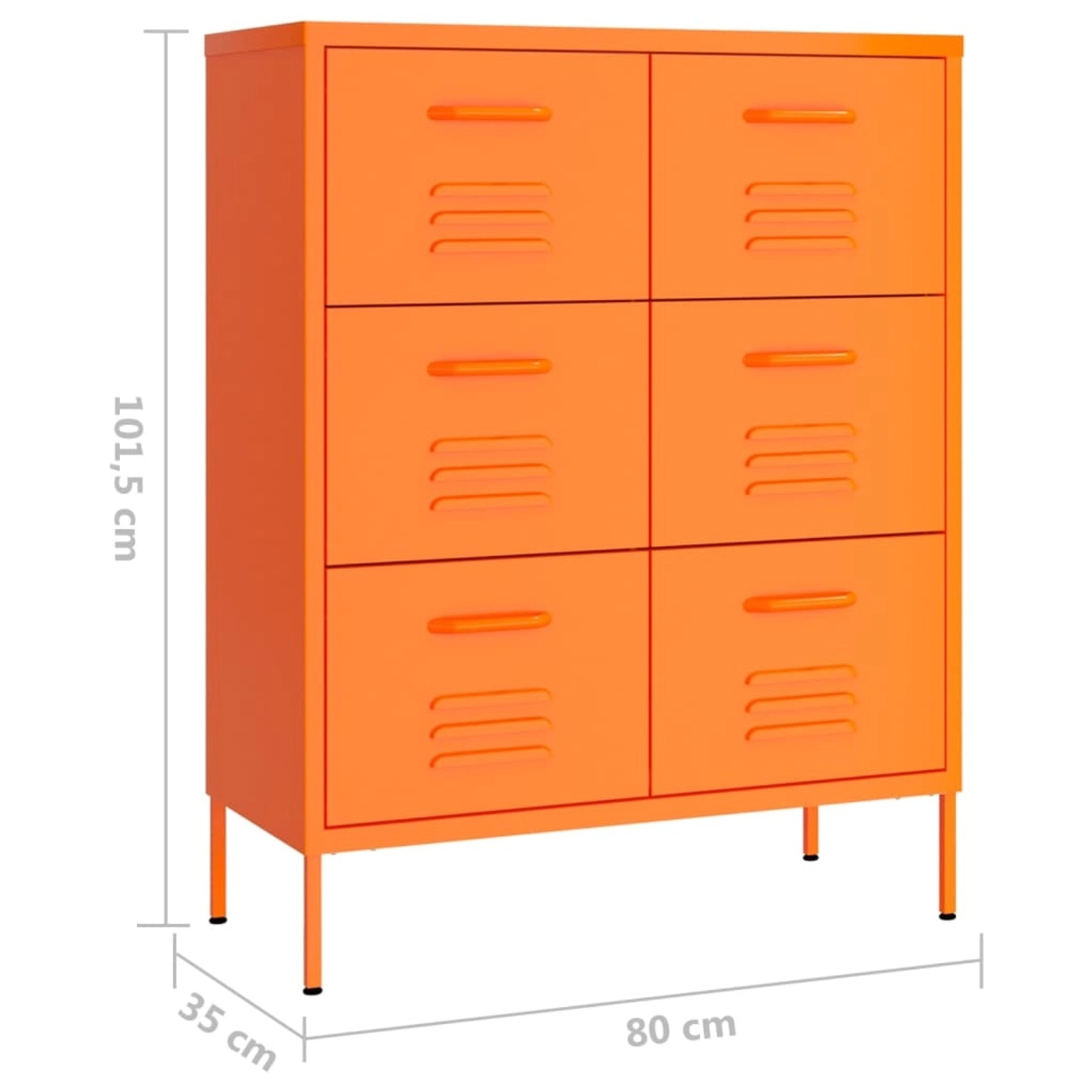 Oranger Schubladenschrank (80x35x101,5 cm) aus Stahl, Büroschrank mit 6 Schubladen.