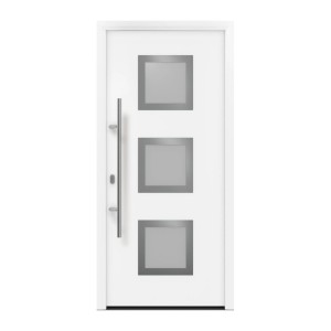 EcoStar Haustür Isopro IP 810S, verkehrsweiß, mit drei quadratischen Glaseinsätzen und Edelstahlgriff.